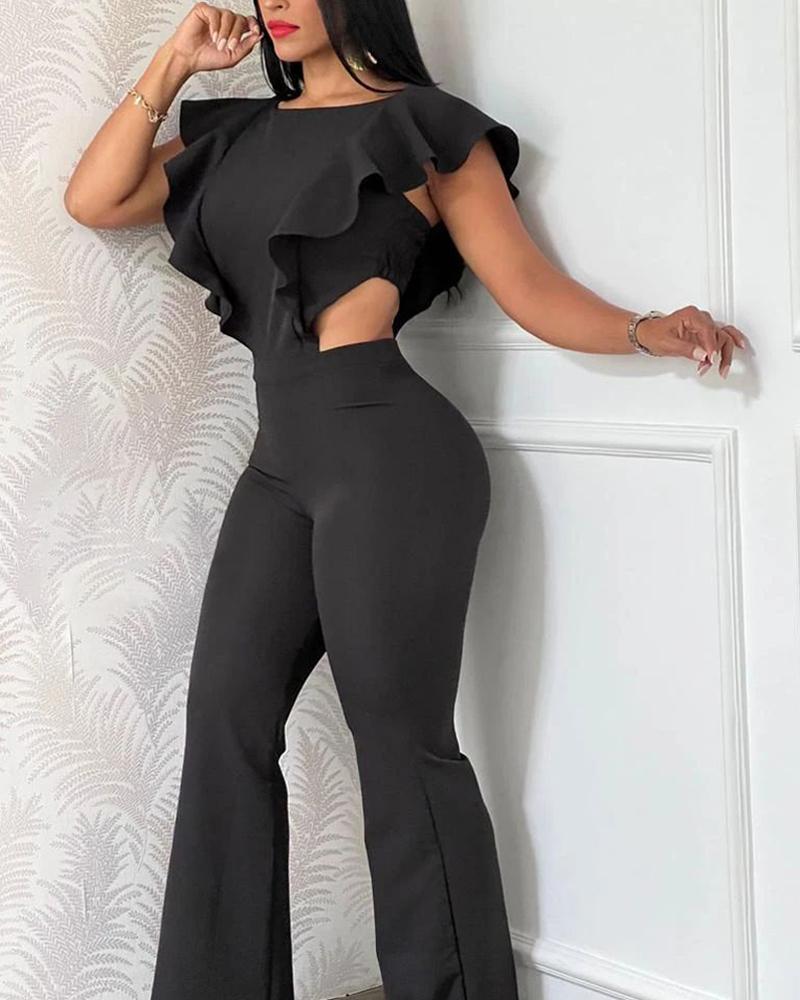 

Ruffles Cutout Round Neck Flared Jumpsuit, Black