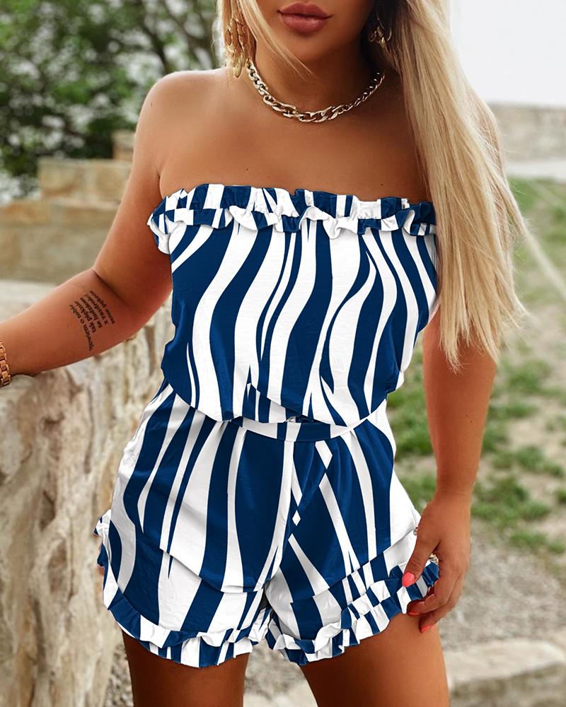 

Zebra Stripe Print Frill Hem Bandeau Romper, Blue