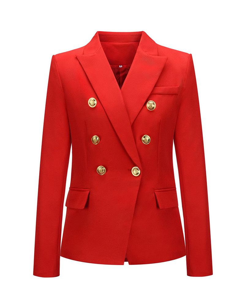

Houndstooth / Solid Button Design Blazer Coat, Red