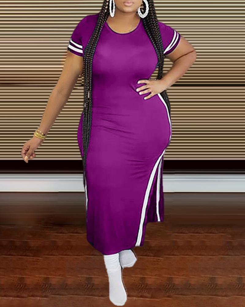 

Plus Size Striped Print Maxi Slit Dress, Purple