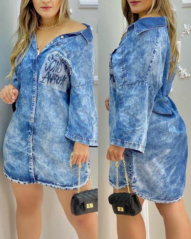 

Letter Print Button Front Denim Shirt Dress, Blue