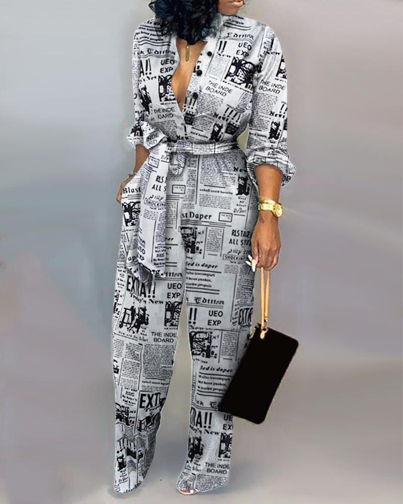 

Headline Print Tied Waist Jumpsuit, Black
