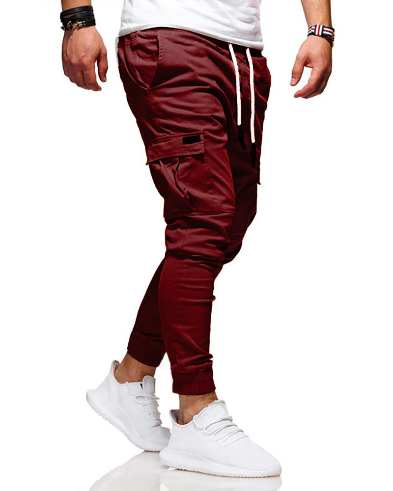 

Men Pocket Design Drawstring Pants, Wine red