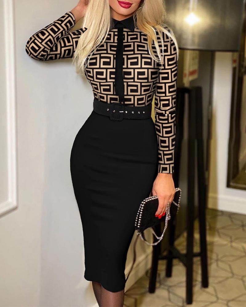 Plus Size Geo Print Long Sleeve Work Dress With Belt