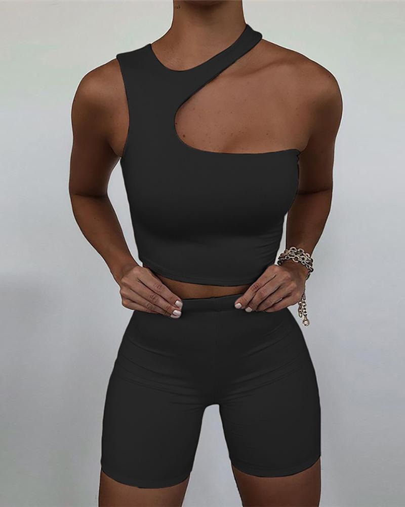 

Halter Cutout Sleeveless Top & High Waist Shorts Set, Black