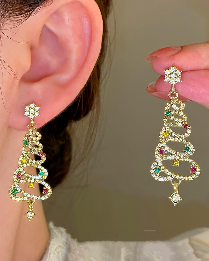 

1Pair Rhinestone Hollow Christmas Tree Dangle Earrings, Gold