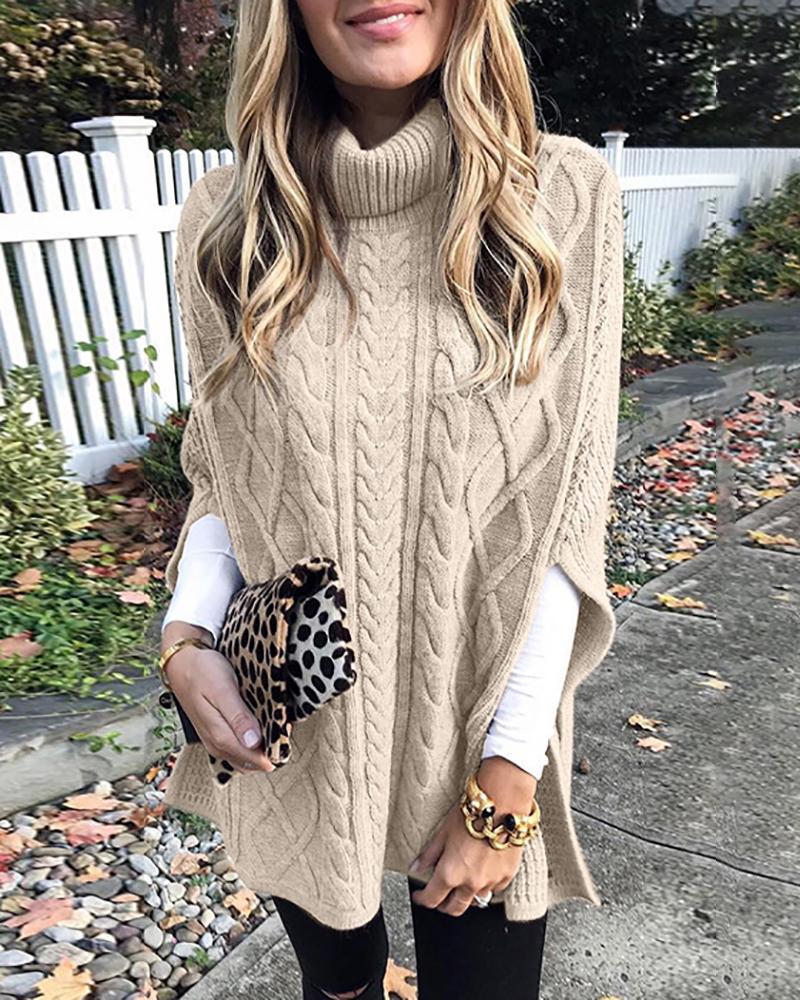 

High Neck Cloak Sleeve Braided Sweater, Beige