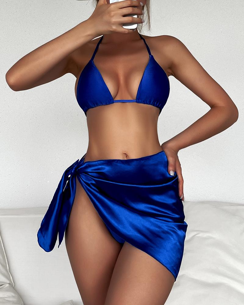 

3PCS Knot Decor Halter Satin Bikini Set With Cover Up, Blue