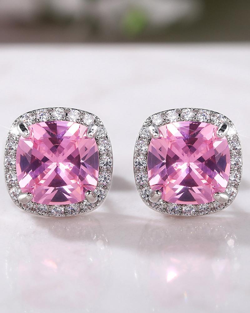 

1Pair Square Rhinestone Stu Earrings, Pink