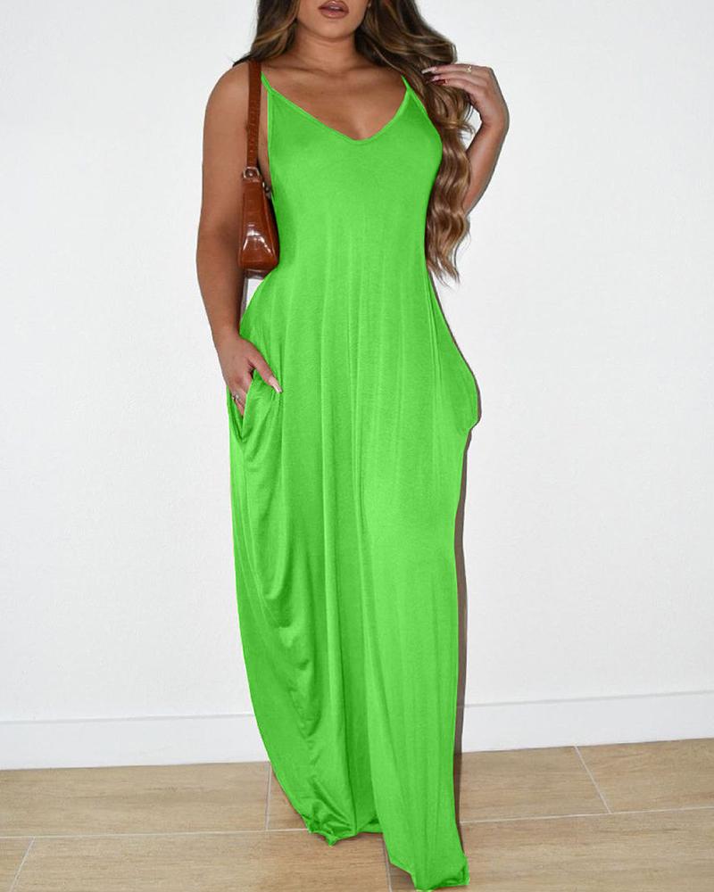 

Pocket Design Ruched Spaghetti Strap Maxi Dress, Green