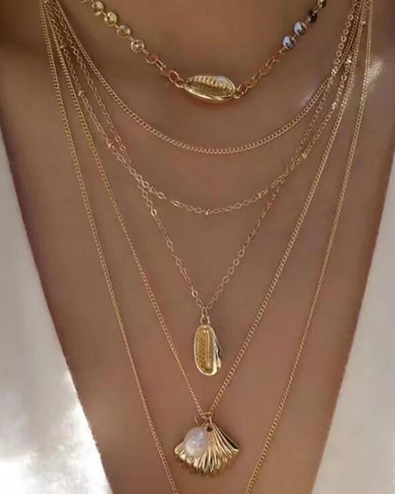 

Shell Beaded Pendant Layered Chain Necklace, Gold