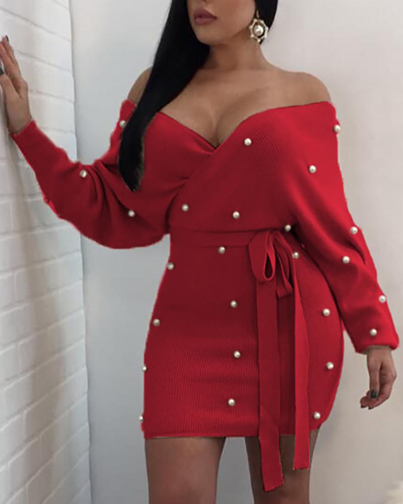 

V Neck Beaded Design Lantern Sleeve Bodycon Dress, Red