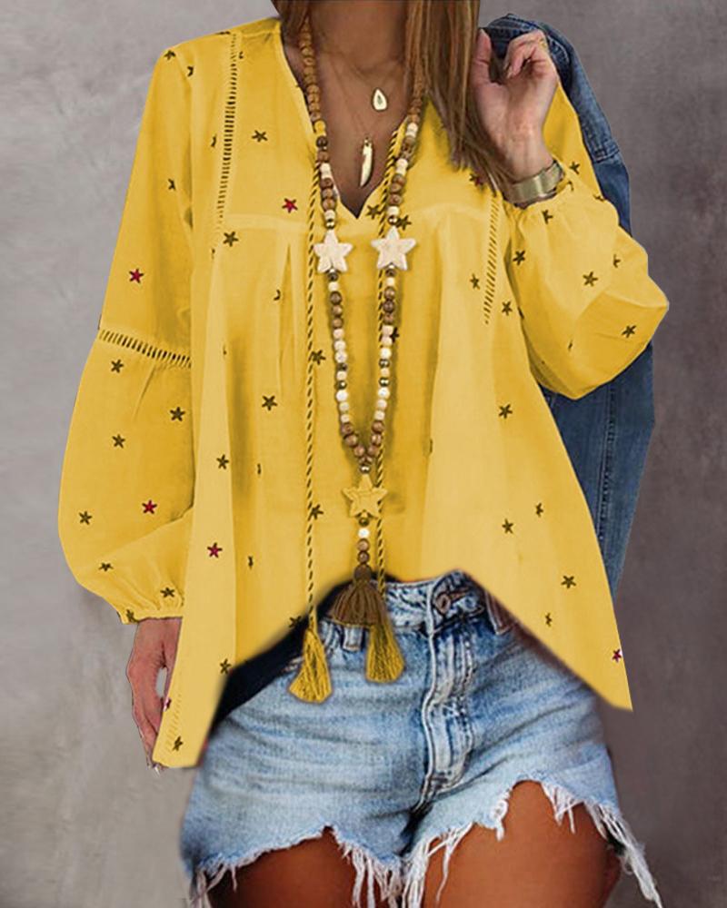 

Splicing Star Print Long Sleeve Shirt, Yellow