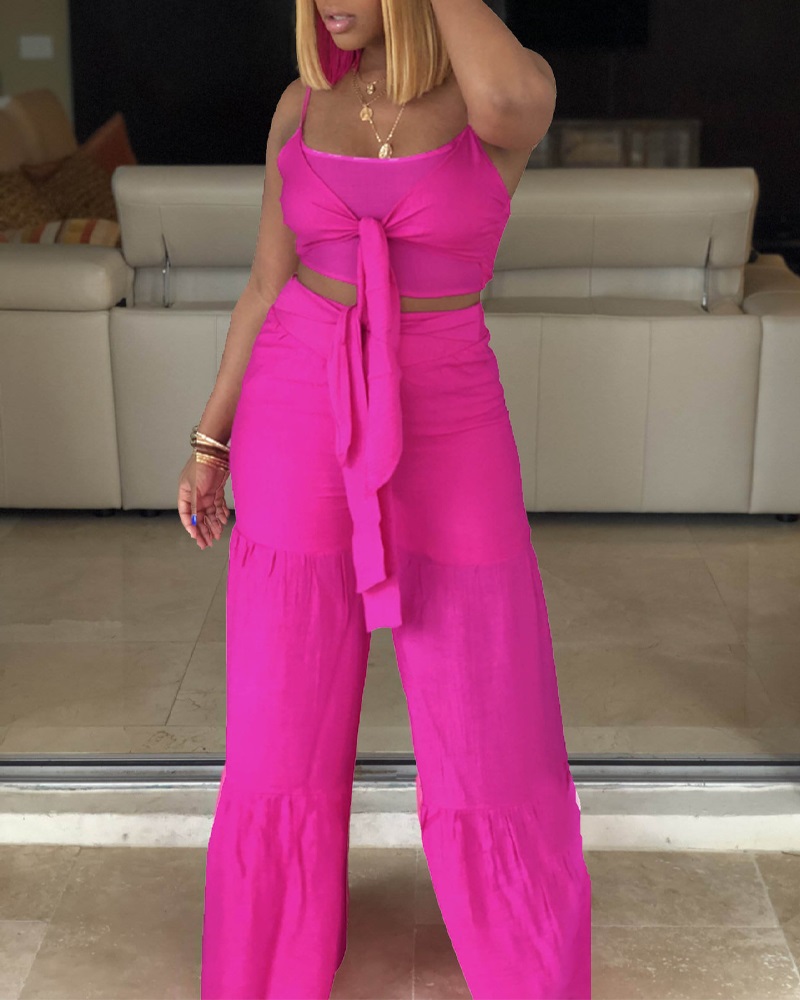 

Knot Front Cami Top & Ruffles Wide Leg Pants Set, Hot pink