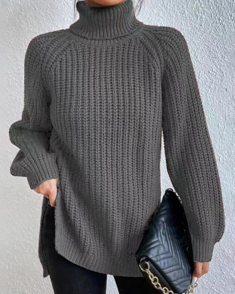 

High Neck Long Sleeve Slit Sweater, Dark grey