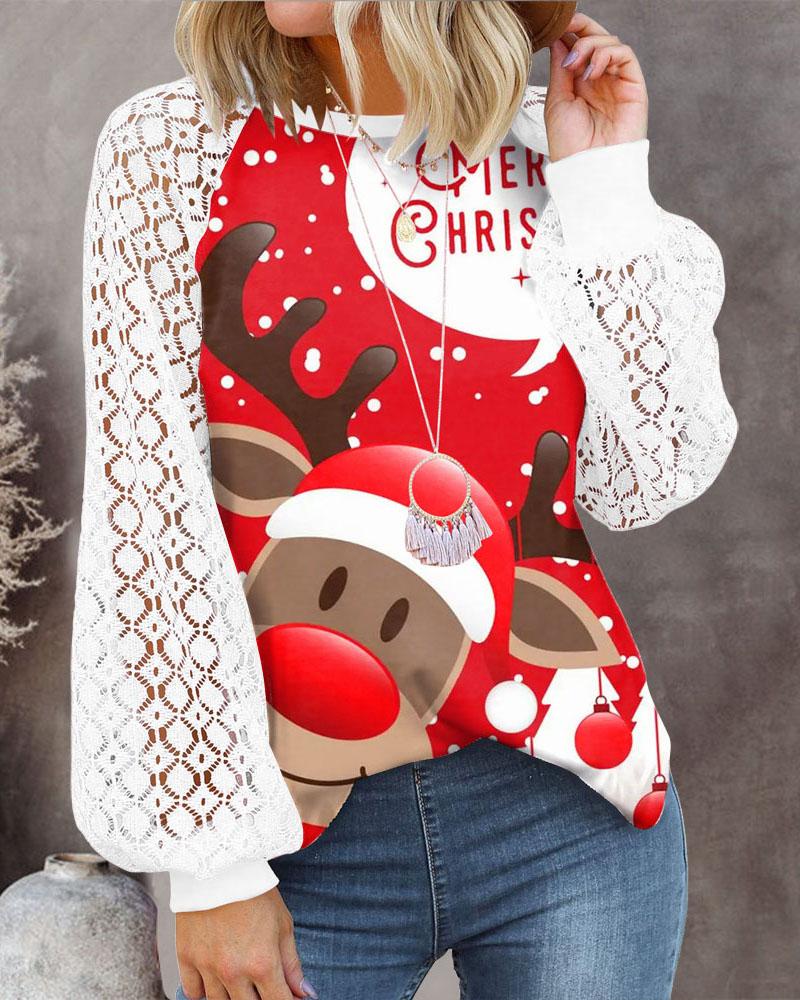 

Christmas Elk Print Contrast Lace Lantern Sleeve Top, Red