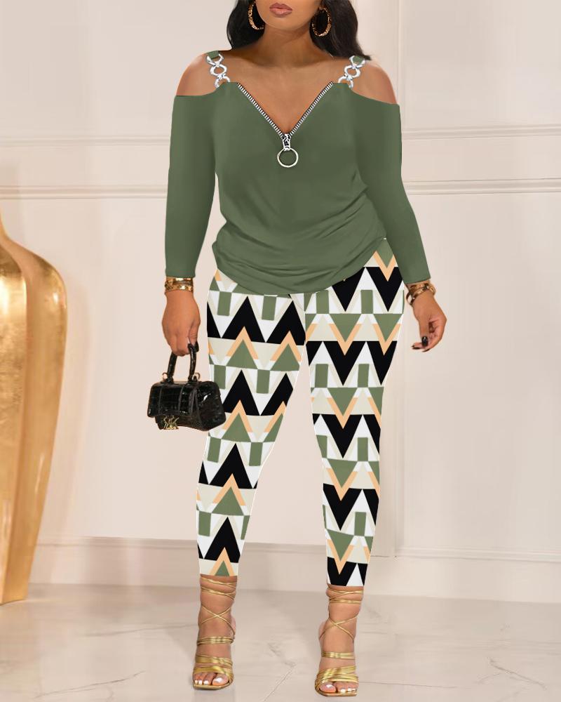 

Plus Size Cold Shoulder Top & Geometric Print Pants Set, Green