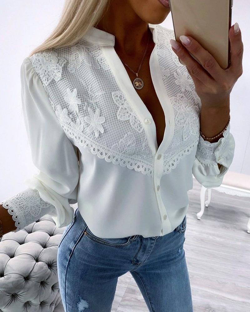 

Lantern Sleeve Buttoned Lace Patch Top, White