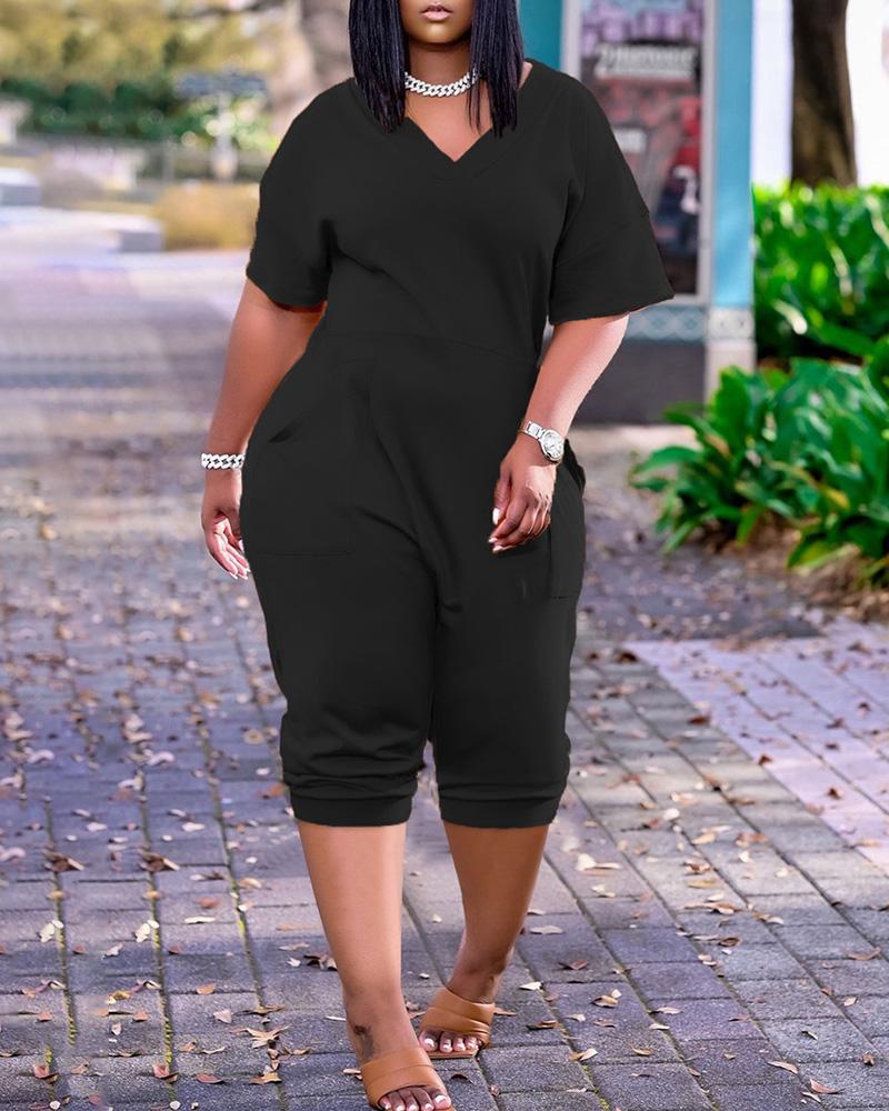 

Pocket Design Plain Short Sleeve Jumpsuit, Black