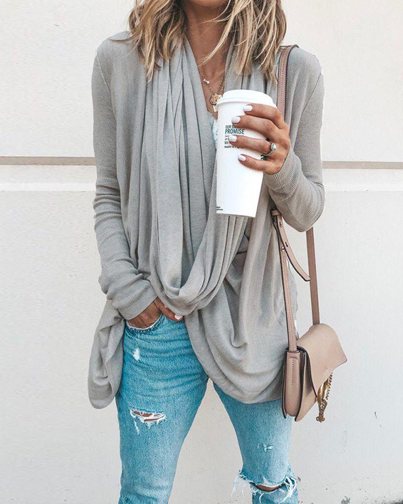 

Solid Long Sleeve Drape Blouse, Gray