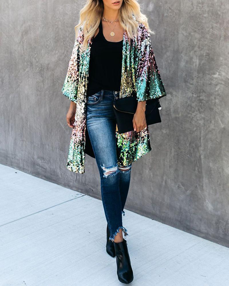 

Open Front Bell Sleeve Sequins Coat, Silver
