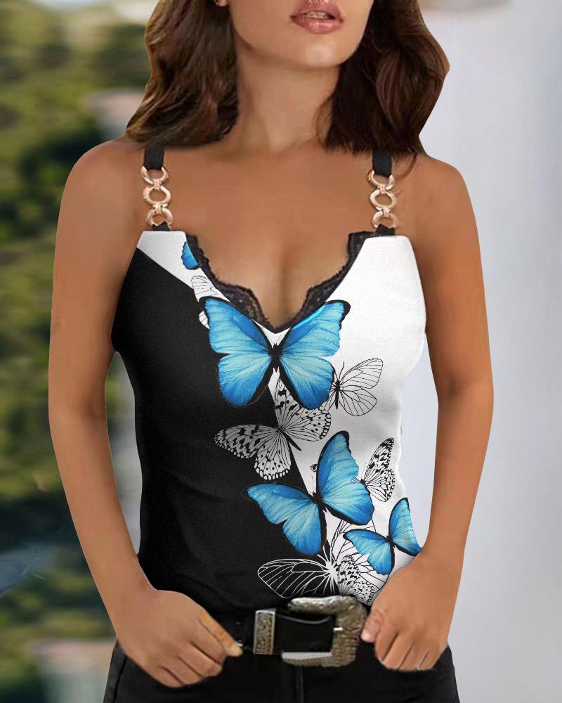 

Colorblock Butterfly Print Lace Trim Chain Strap Top, Black