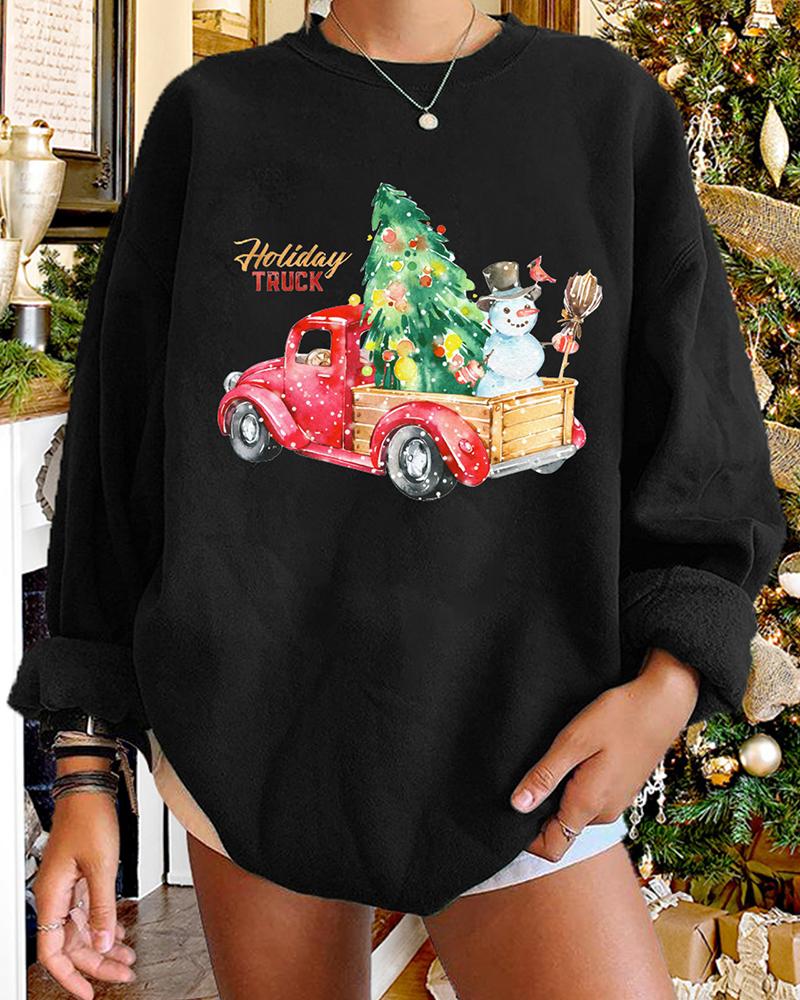 

Christmas Long Sleeve Letter Snowman Car Tree Print Sweatshirt, Black