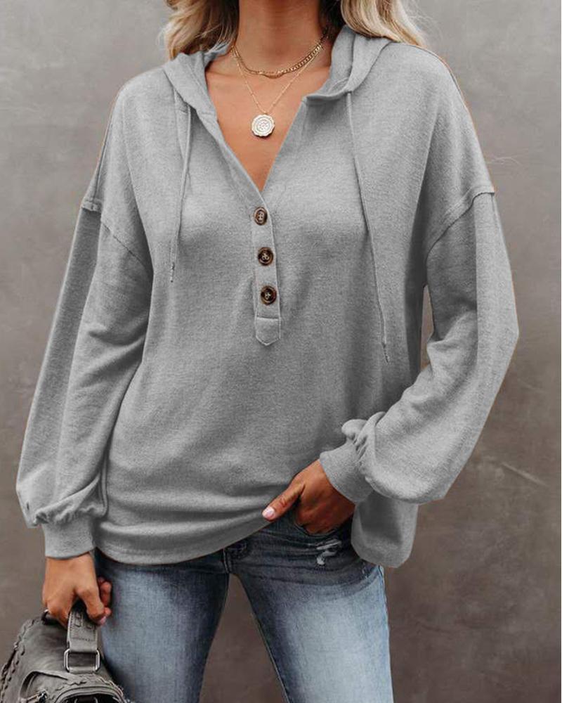 

Long Sleeve Button Design Drawstring Sweatshirt, Gray