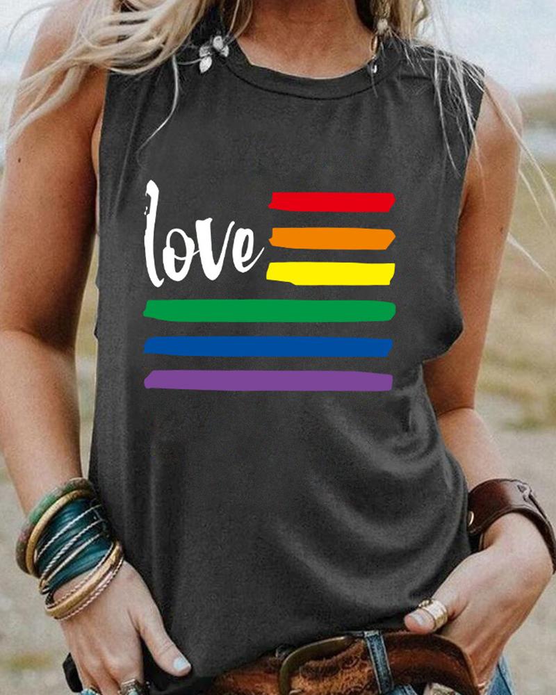 

Rainbow Stripe Love Print Tank Top, Dark grey