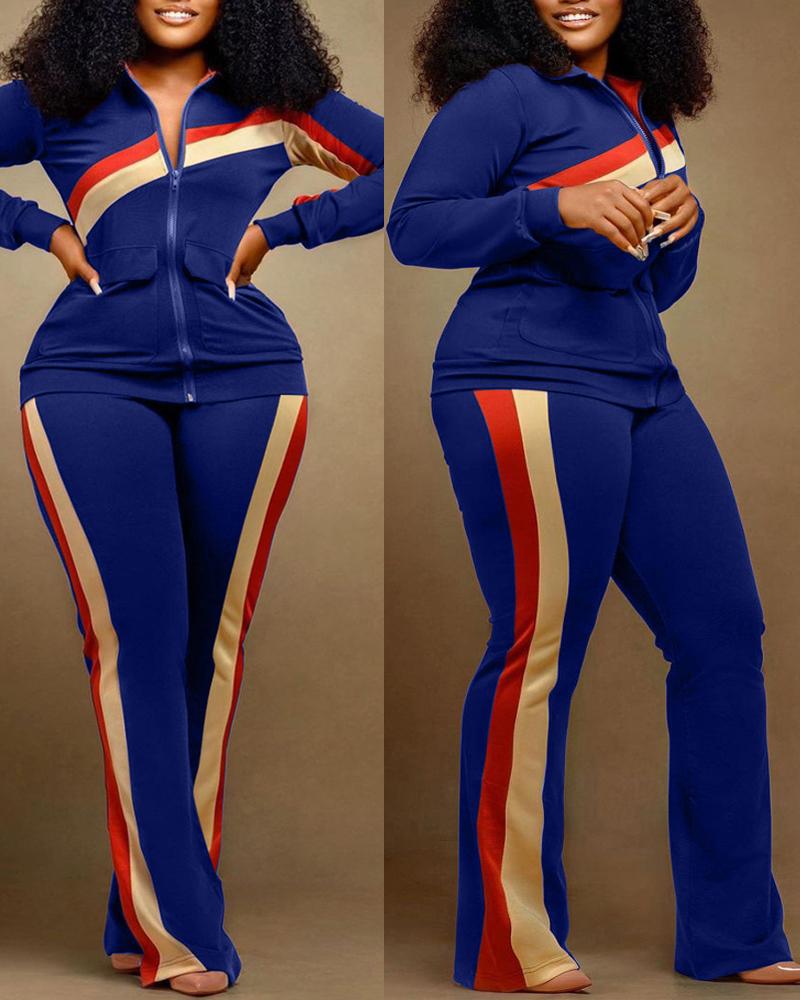 

Plus Size Contrast Paneled Zip Up Top & Pants Set, Blue