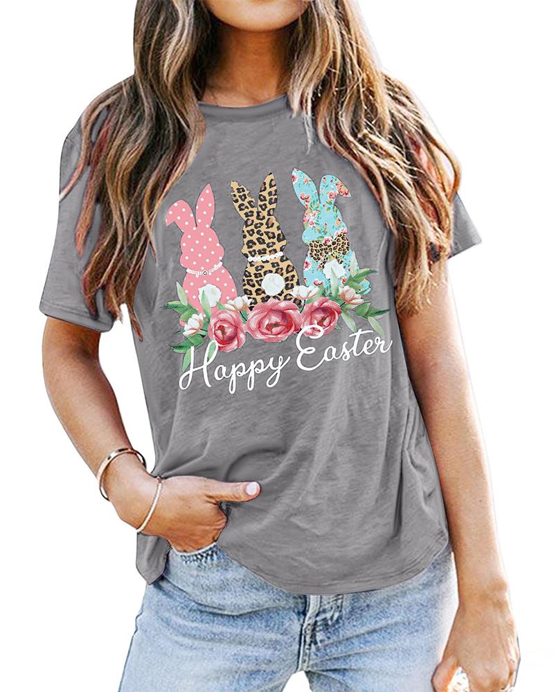 

Happy Easter Bunny Floral Print T-shirt Holiday Graphic Tee, Gray