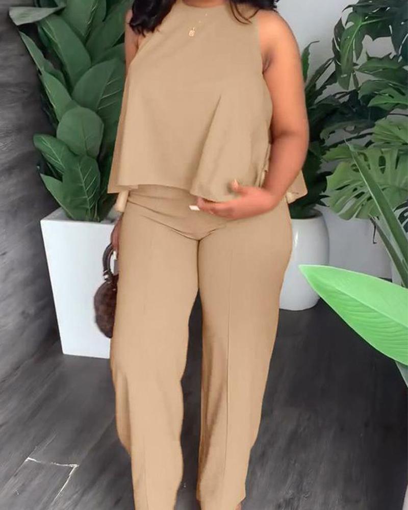 

Plus Size Sleeveless Tank & Straight Leg Pants Set, Khaki