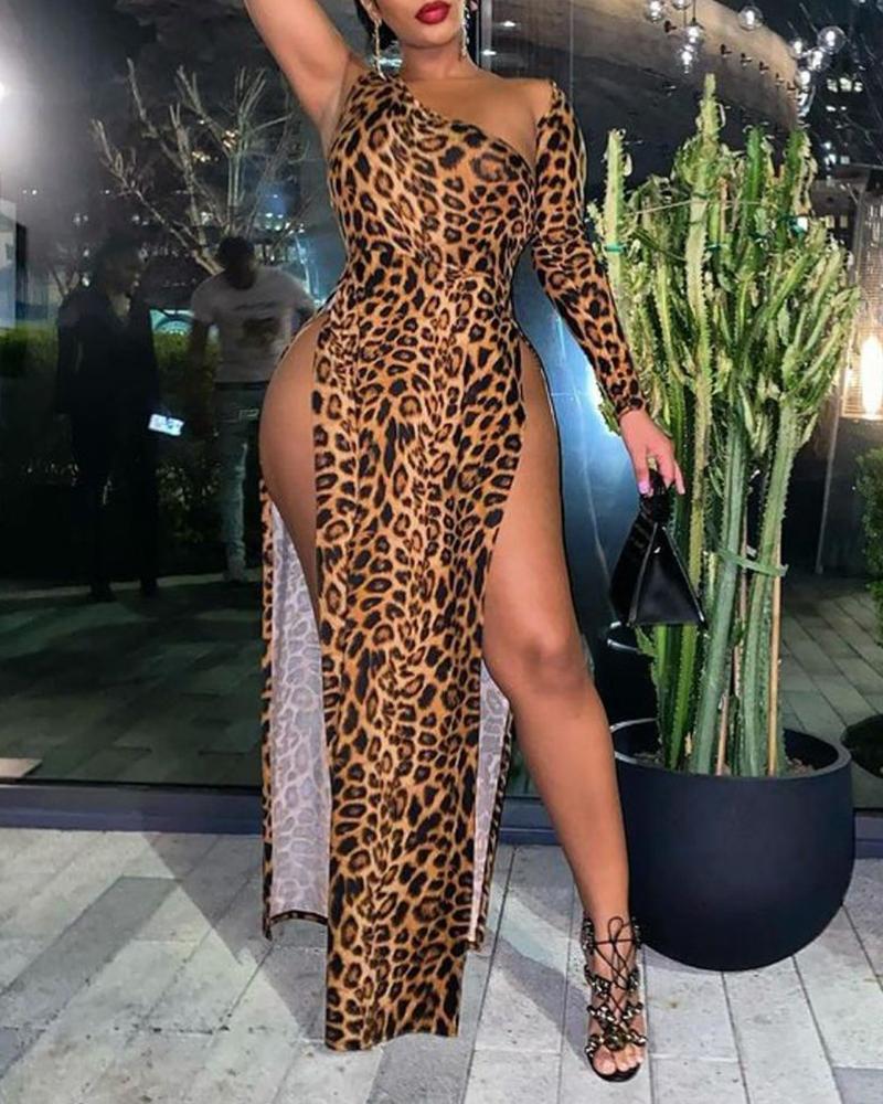 

One Shoulder High Slit Cheetah Print Party Dress, Leopard