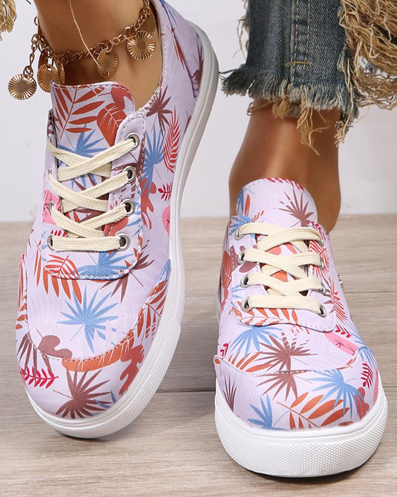 

Tropical Print Lace-up Canvas Sneakers, Pink