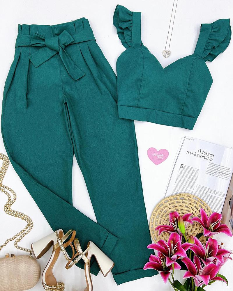 

Flutter Sleeve Crop Top & High Waist Pants Set, Dark green