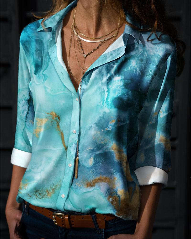 

Marble Print Long Sleeve Button Down Shirt, Blue