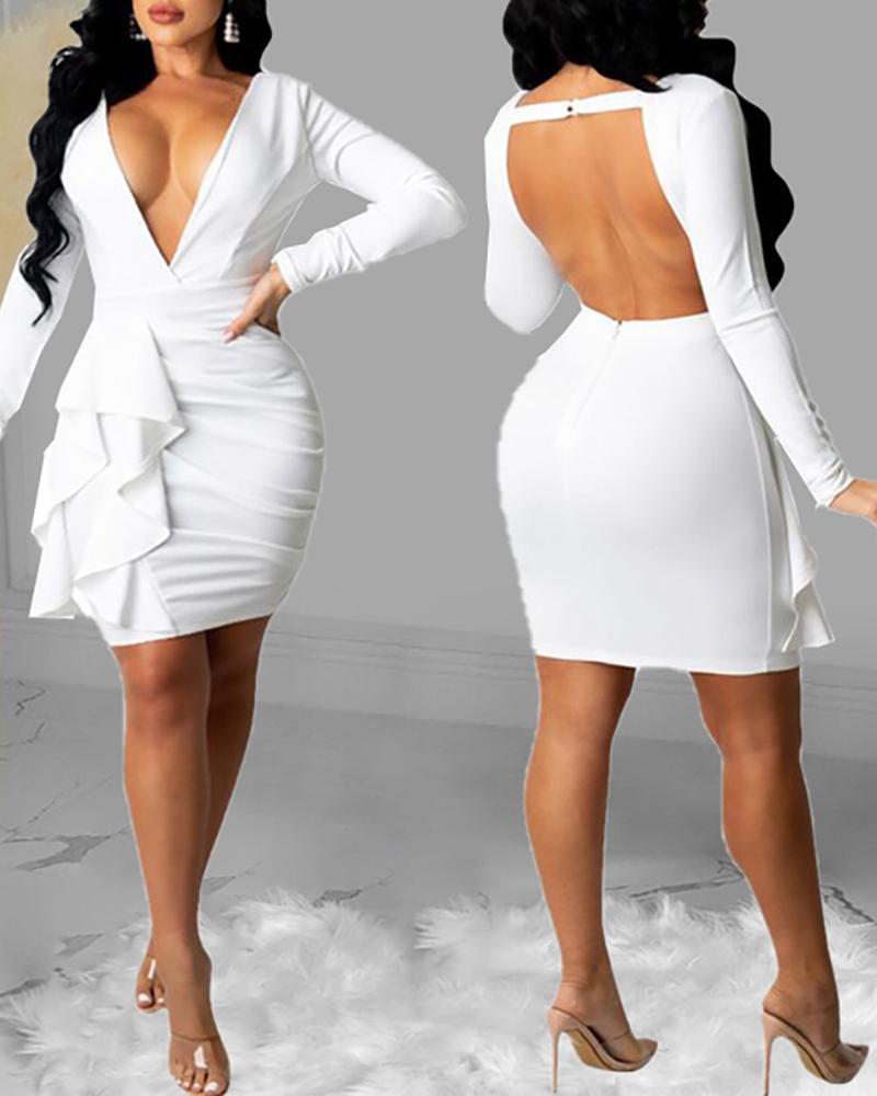 

Long Sleeve Plunge Ruffle Hem Party Dress, White