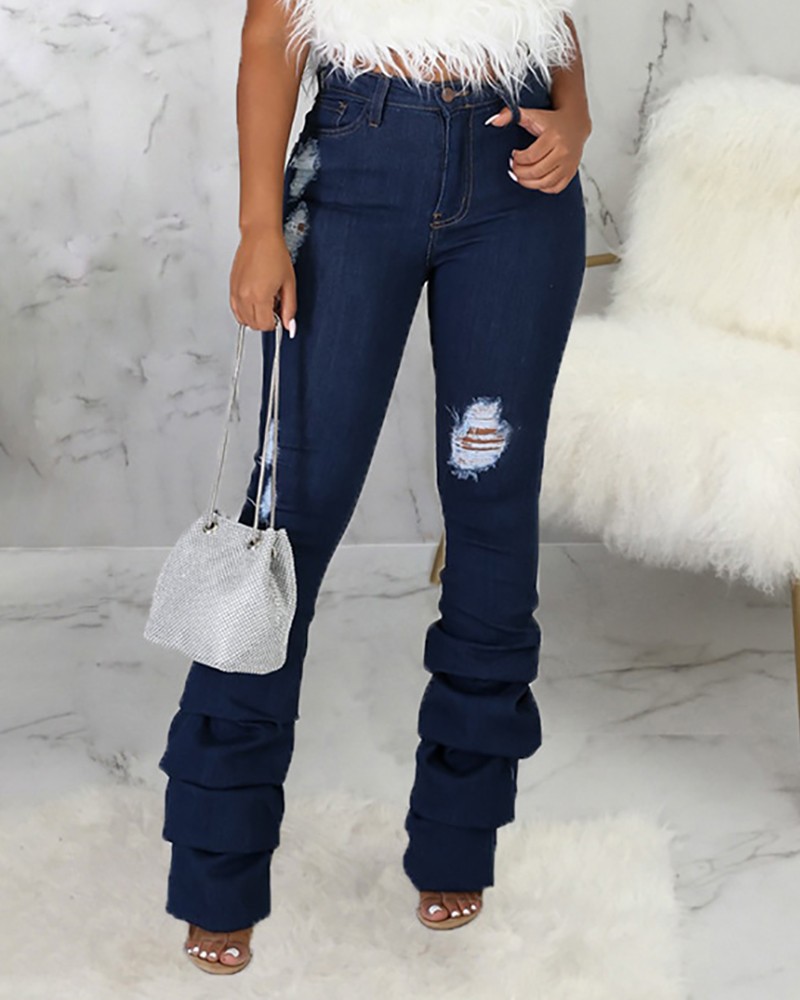 Buttoned Ripped Cutout Fold Skinny Jeans