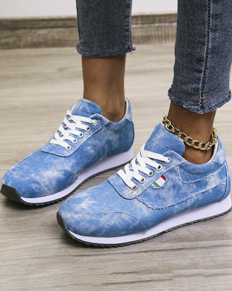

Denim Print Ripped Lace-up Sneakers, Blue
