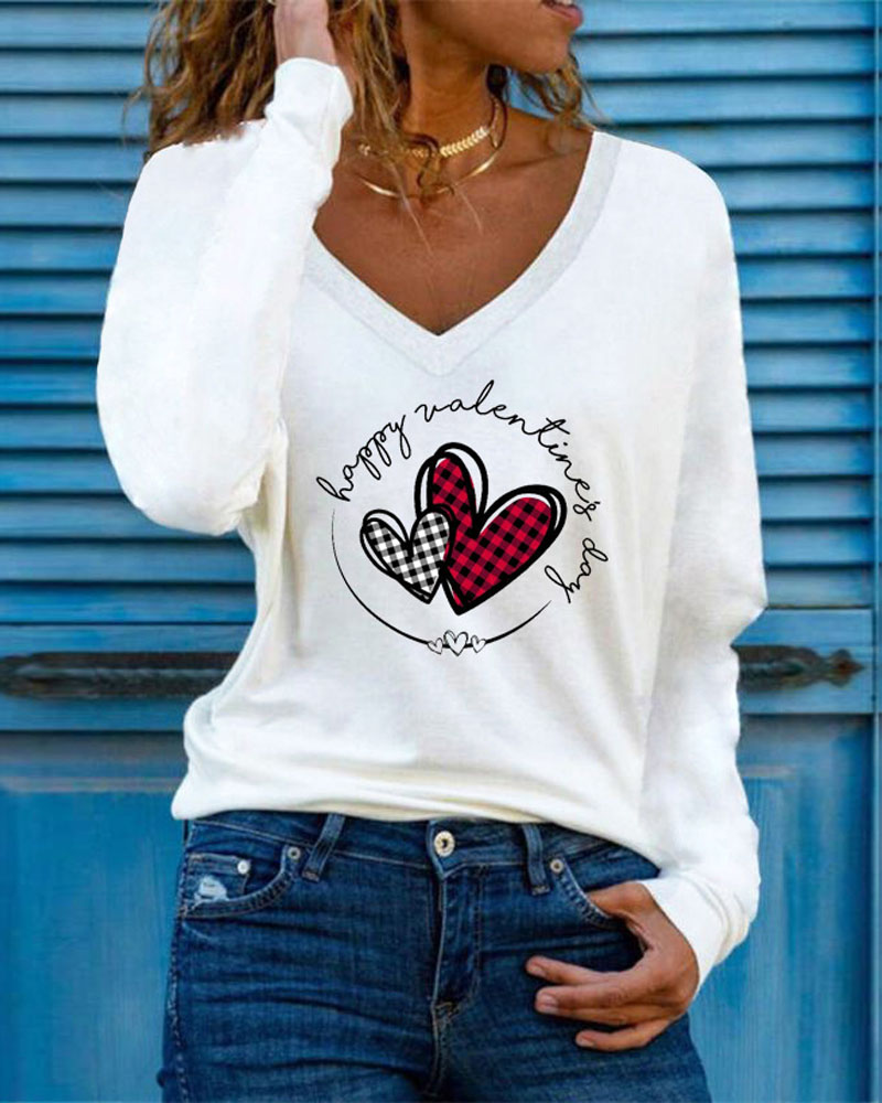 

Letter Heart Print Long Sleeve V-Neck Top, White