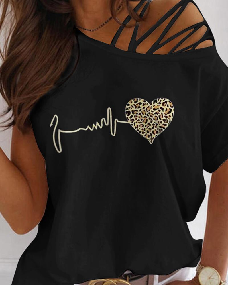 

Leopard Heart Print Cold Shoulder Top, Black