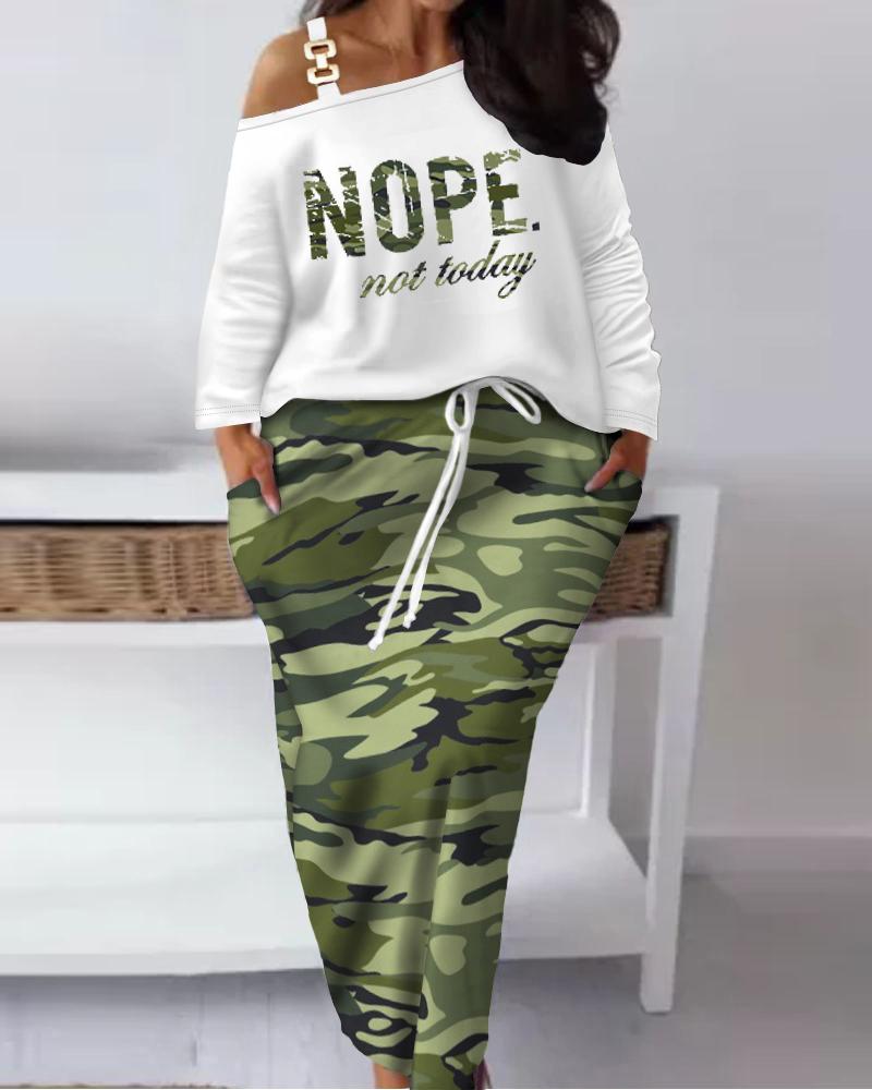 

Plus Size Nope Not Today Camouflage Print Top & Drawstring Skirt Set, Camoflage