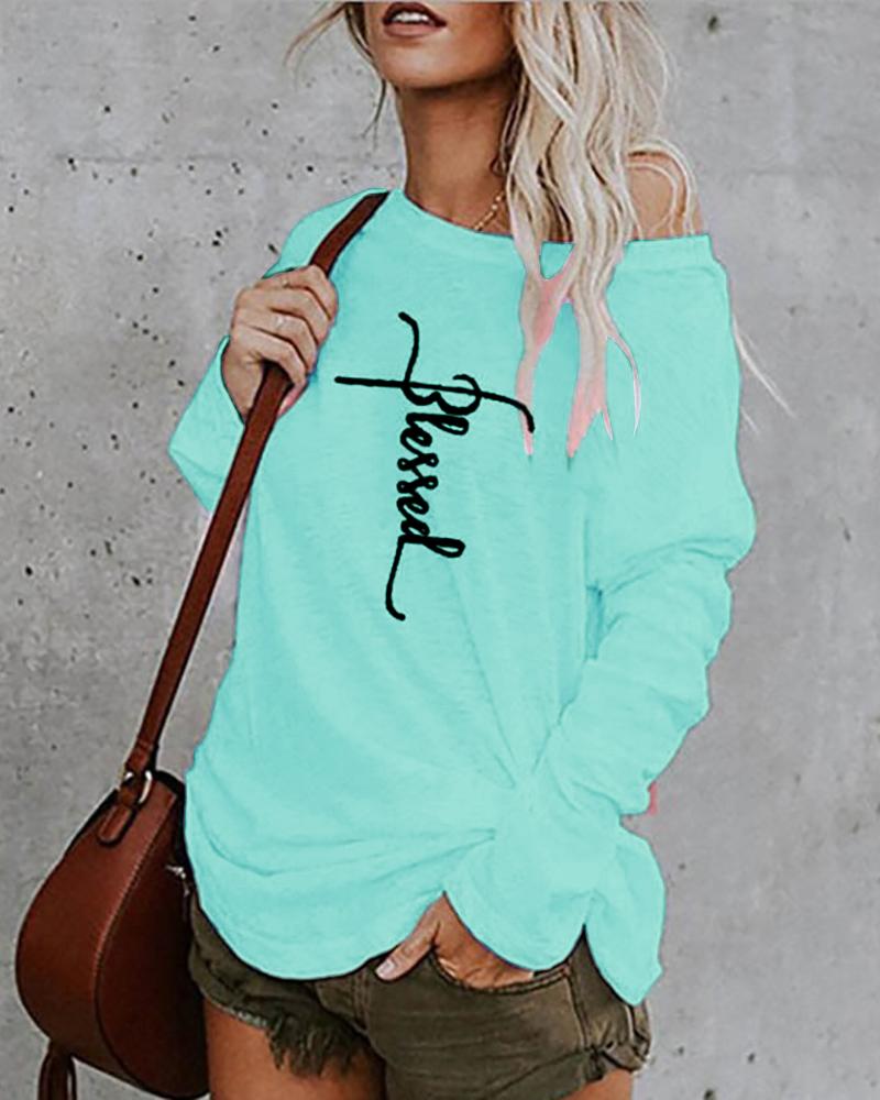 

Letter Print Long Sleeve Casual Top, Lighted blue
