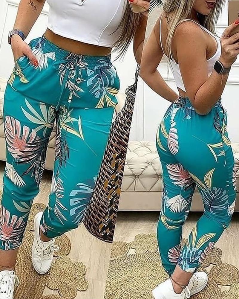 

Tropical Print Drawstring Pocket Design Pants, Blue