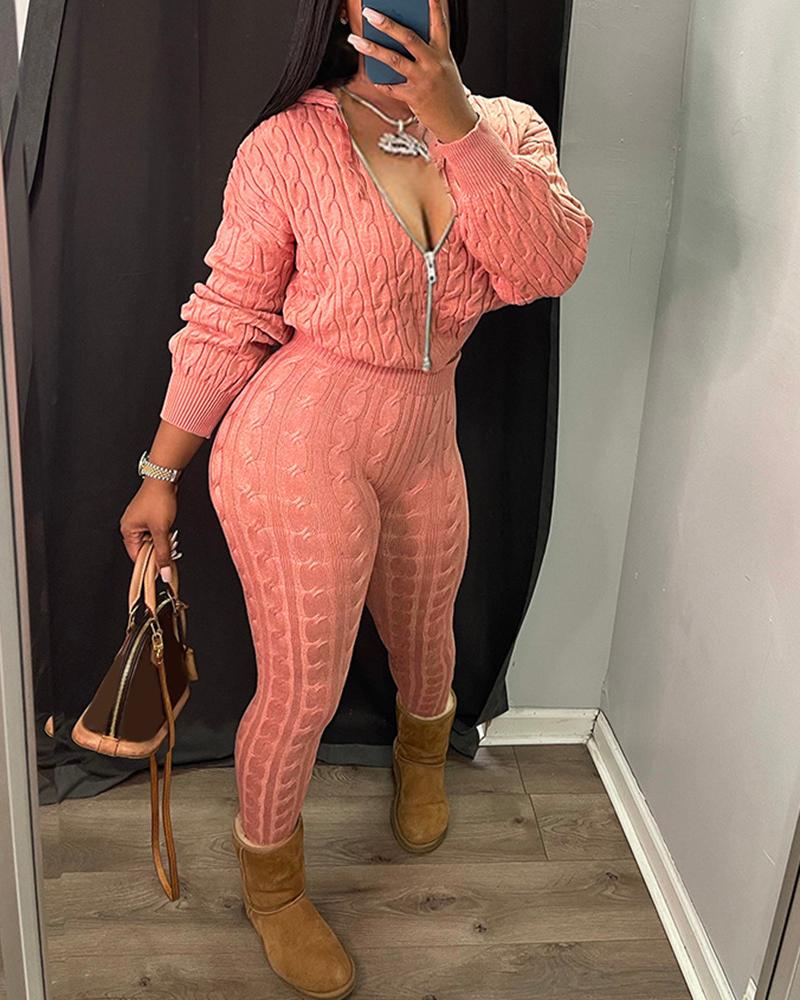 

Braided Knit Hooded Sweater & High Waist Pants Set, Pink