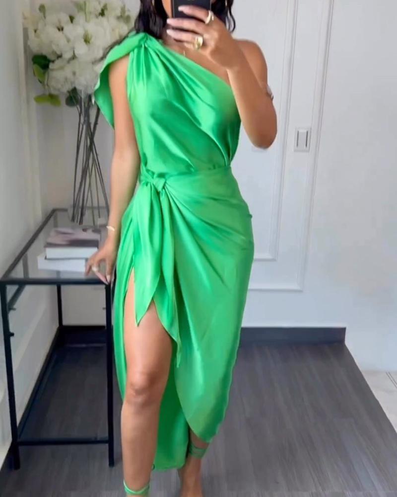 

One Shoulder Ruched Backless Party Dress, Green