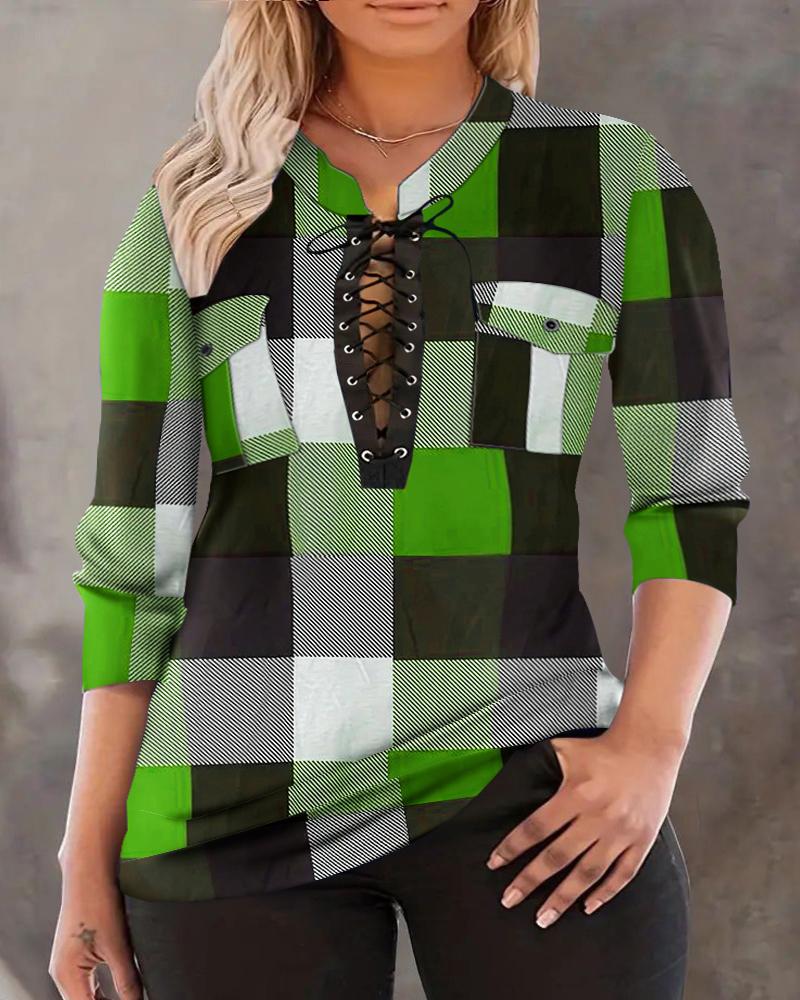 

Plus Size Plaid Print Colorblock Eyelet Lace-up Top, Green