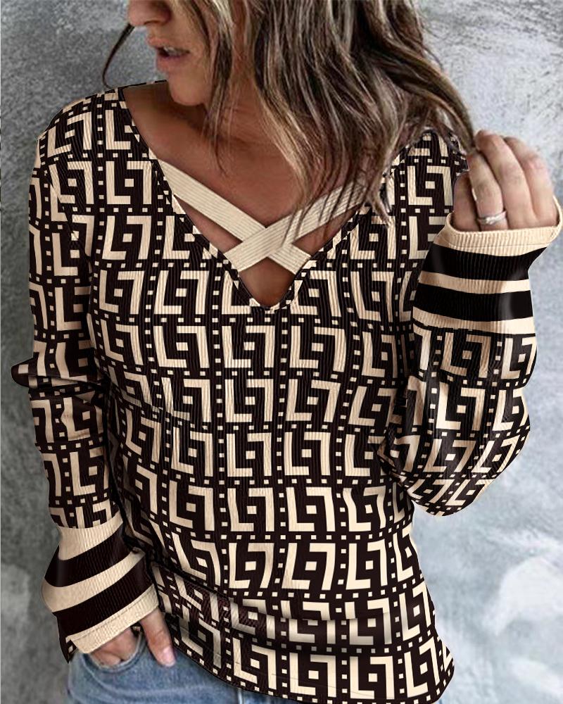 

Geometric Print Long Sleeve Top, Apricot