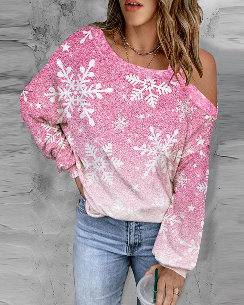 

Christmas Snowflake Print Long Sleeve Sweatshirt, Pink