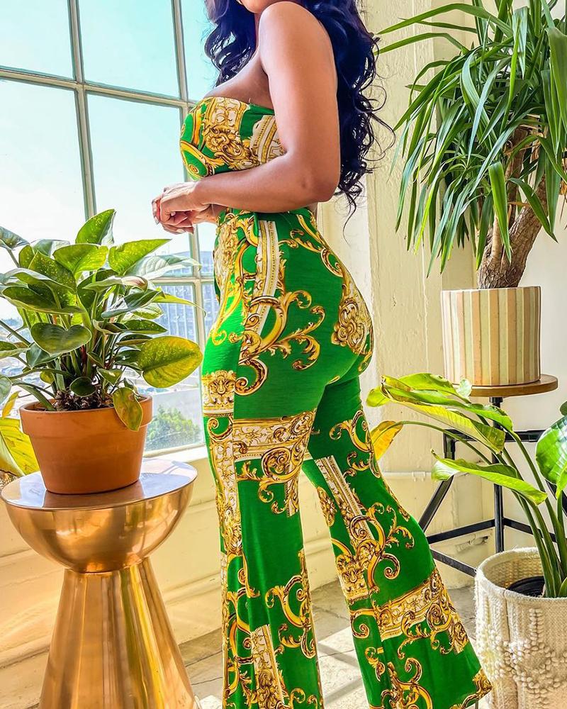 

Bandeau Scarf Print Top & Bootcut Pants Set, Green